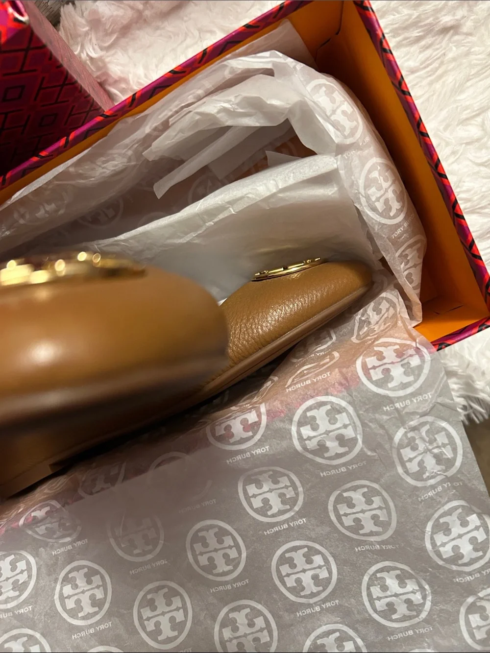 Tory Burch Tan Leather Logo Ballet Flats with Gold Emblem